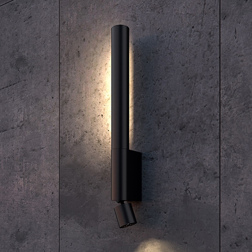 Aplique para pared que proporciona una luz indirecta (hacia la pared) así como un foco orientable.